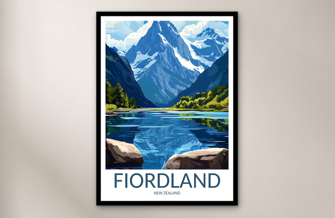 Fiordland National Park Travel Poster Wall Art Print New Zealand Poster Home Decor Gift Oceania Illustration Wall Art