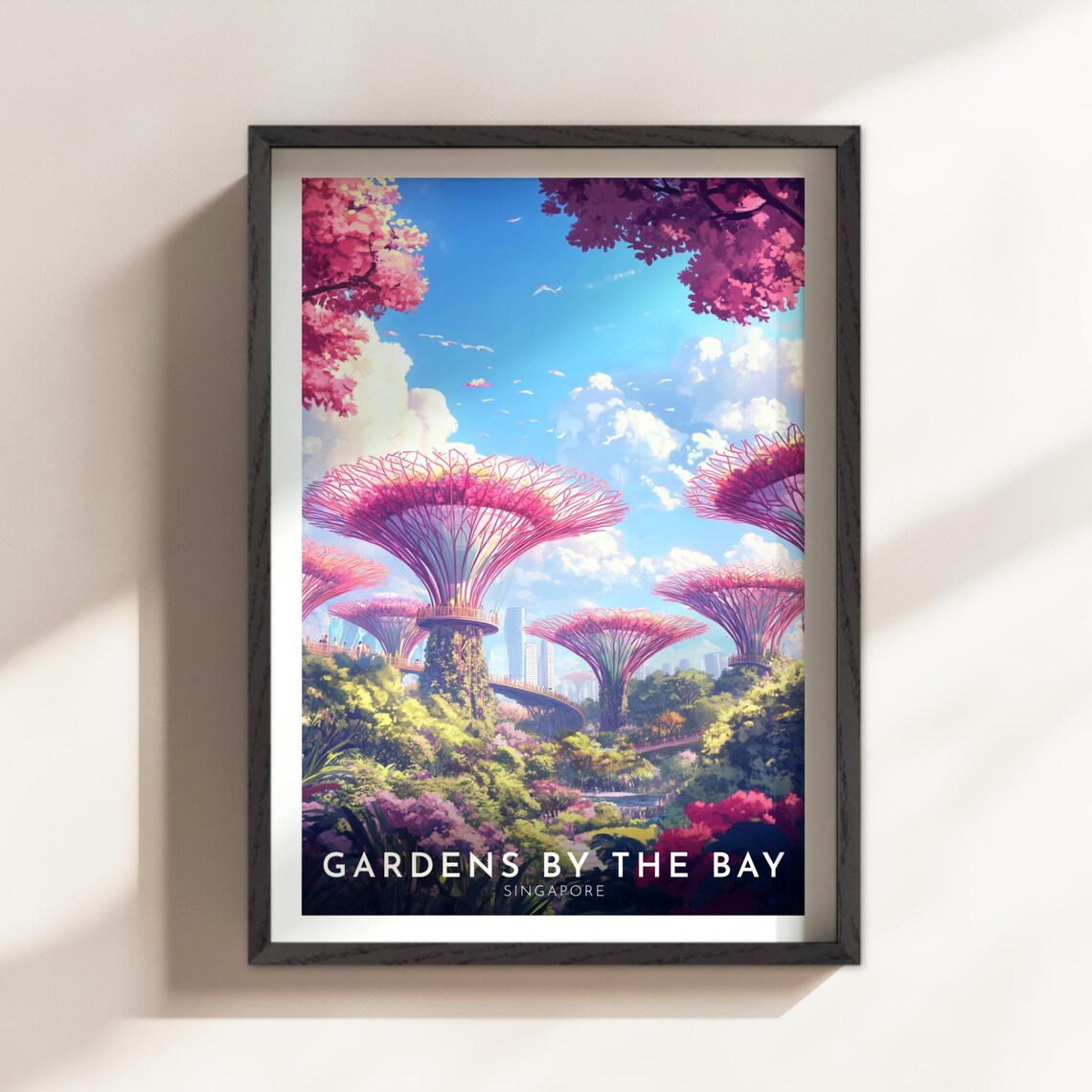 Gardens By The Bay Singapore Supertrees Pink Bloom Day Travel Poster