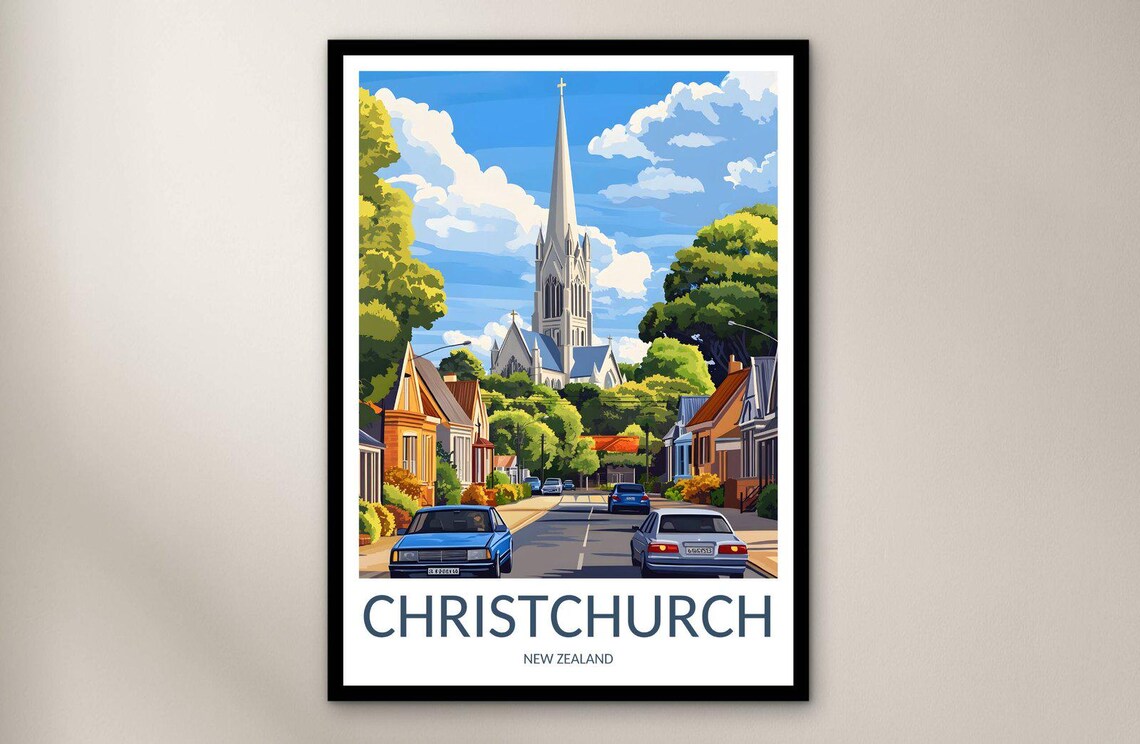 Christchurch New Zealand Cathedral Spire Street Scene Poster