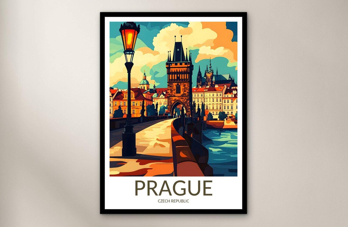 Prague Czech Republic Charles Bridge Tower Sunset View Travel Poster
