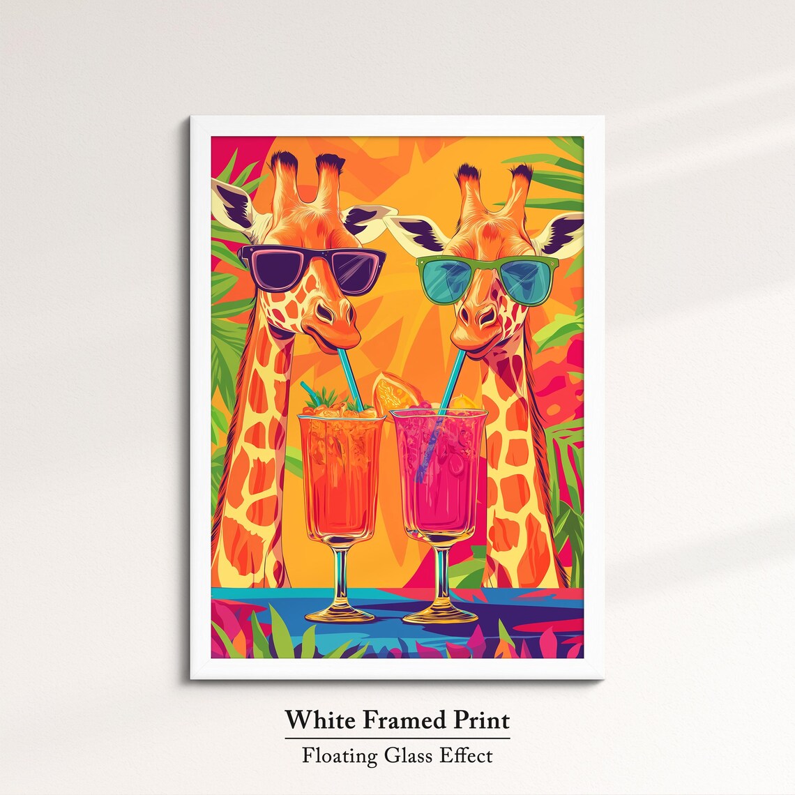 Two Giraffes Sunglasses Sipping Tropical Drinks Fun Pop Art Safari Poster - Image 7