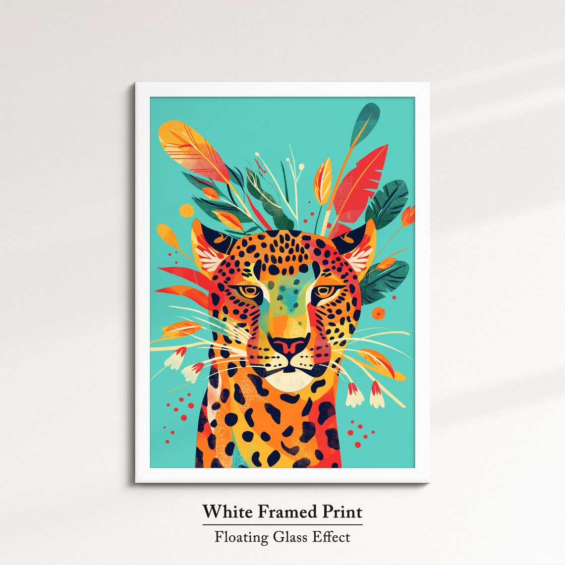 Leopard Face Front With Tropical Leaves Turquoise Art Poster - Image 7