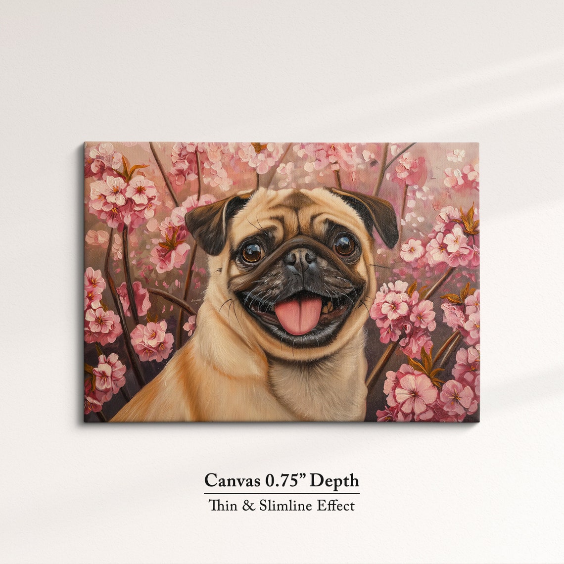 Happy Pug Grinning With Tongue Out In Pink Cherry Blossoms Art Poster - Image 4