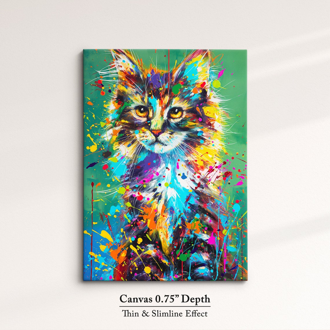 Colorful Paint Splatter Longhair Cat Portrait Teal Art Poster - Image 4
