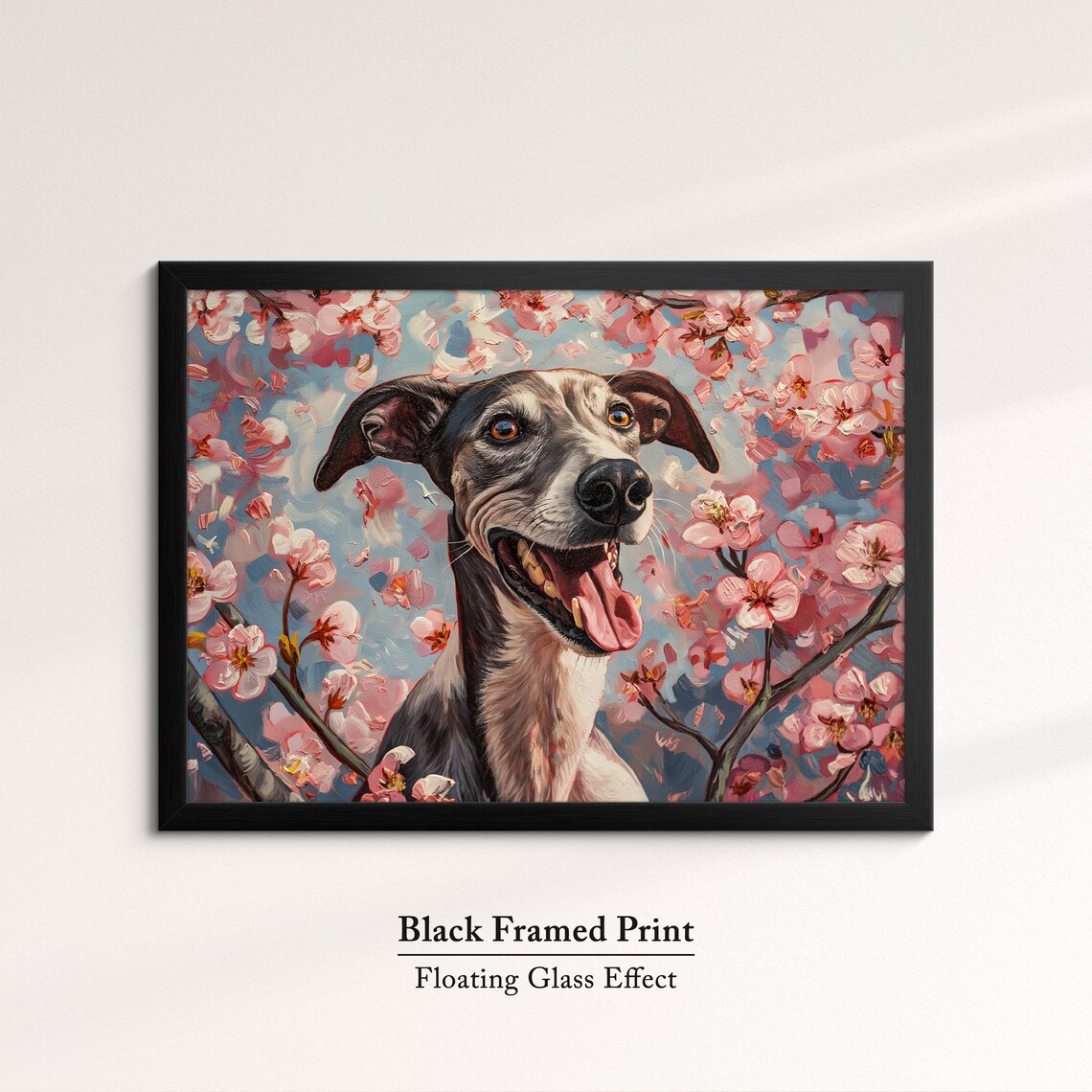 Black Greyhound Smiling In Pink Blossoms Bold Modern Pet Art Poster - Image 8