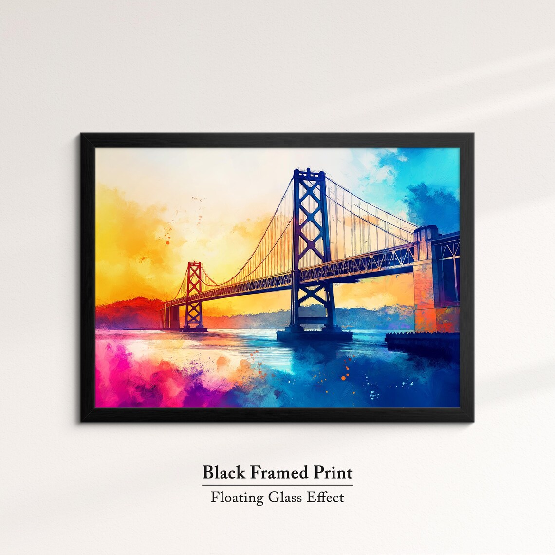 San Francisco Bay Bridge Sunset Watercolor Vibrant Orange Sky Poster - Image 8