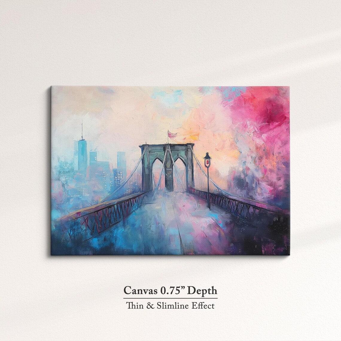 Brooklyn Bridge New York Misty Pink Sunrise Impressionist Art Poster - Image 4