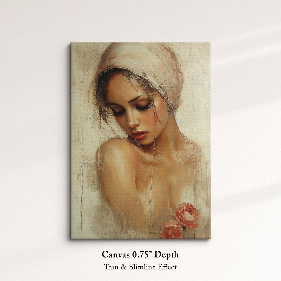 Contemplative Woman Portrait White Headscarf Roses Oil Painting Print - Image 4