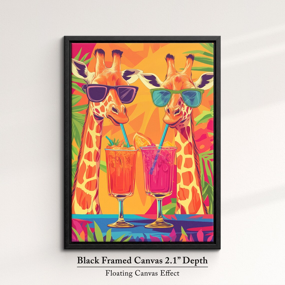 Two Giraffes Sunglasses Sipping Tropical Drinks Fun Pop Art Safari Poster - Image 2
