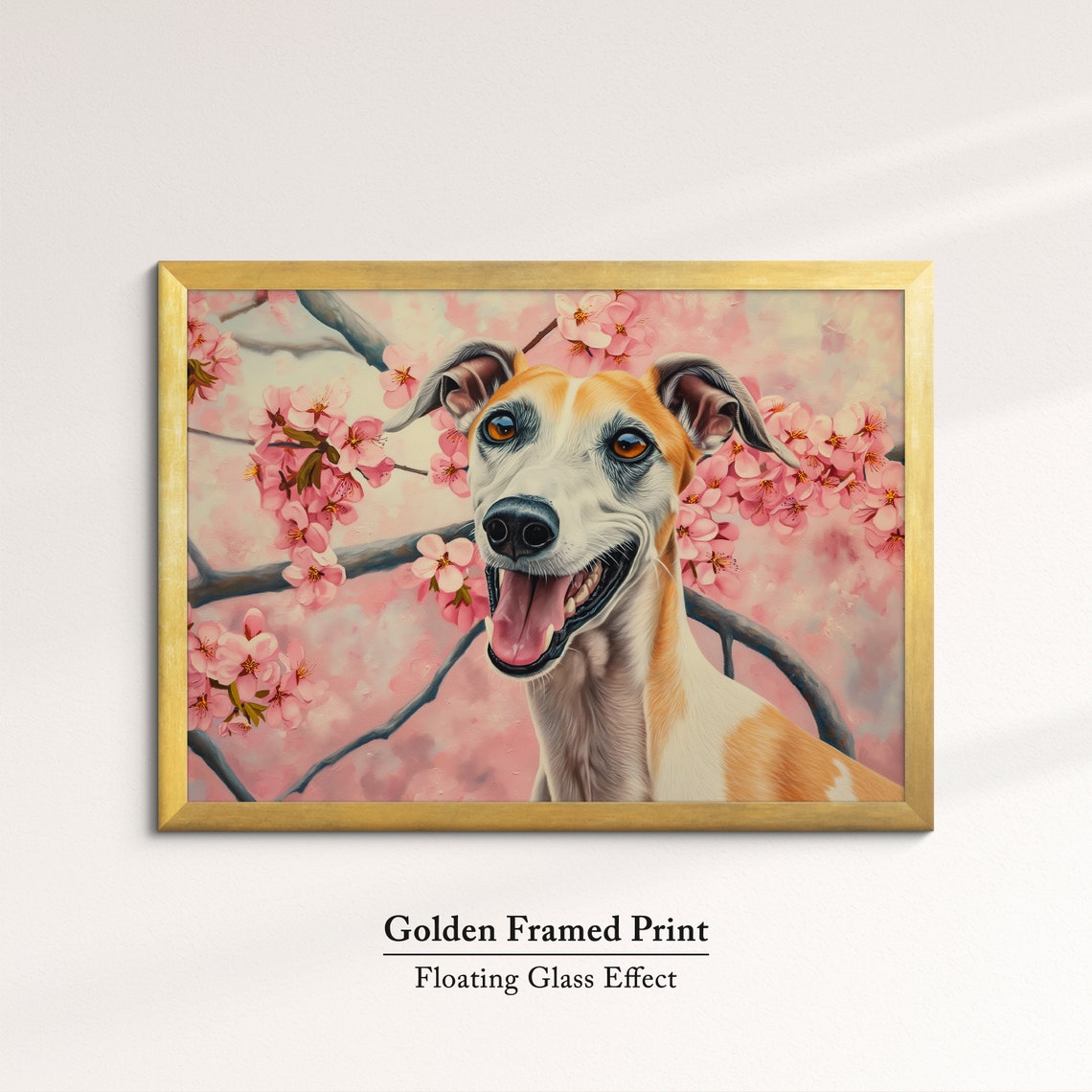 Tan And White Greyhound Grinning In Pink Blossoms Spring Art Poster - Image 5