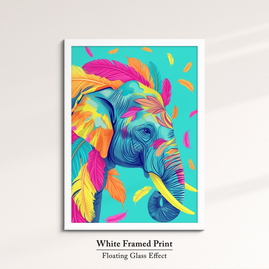 Elephant Head Portrait With Rainbow Feathers Turquoise Art Poster - Image 7