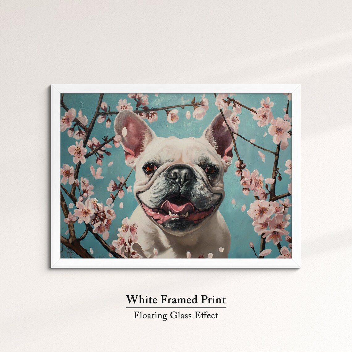 Cheerful White French Bulldog In Cherry Blossoms Teal Sky Dog Poster - Image 7