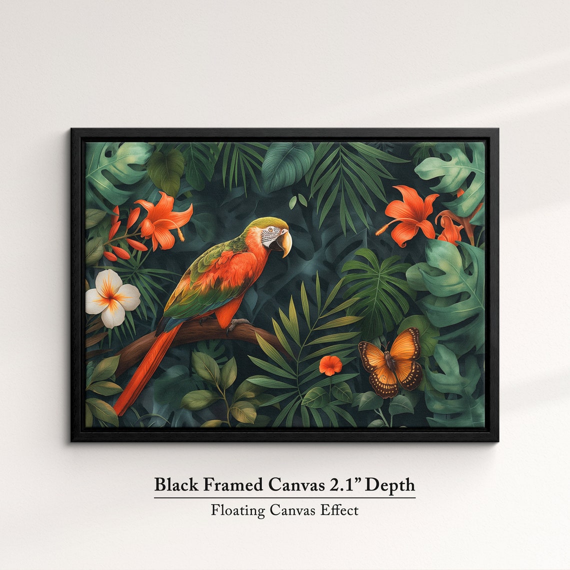 Vibrant Macaw Parrot In Lush Jungle With Butterfly Exotic Bird Poster - Image 2