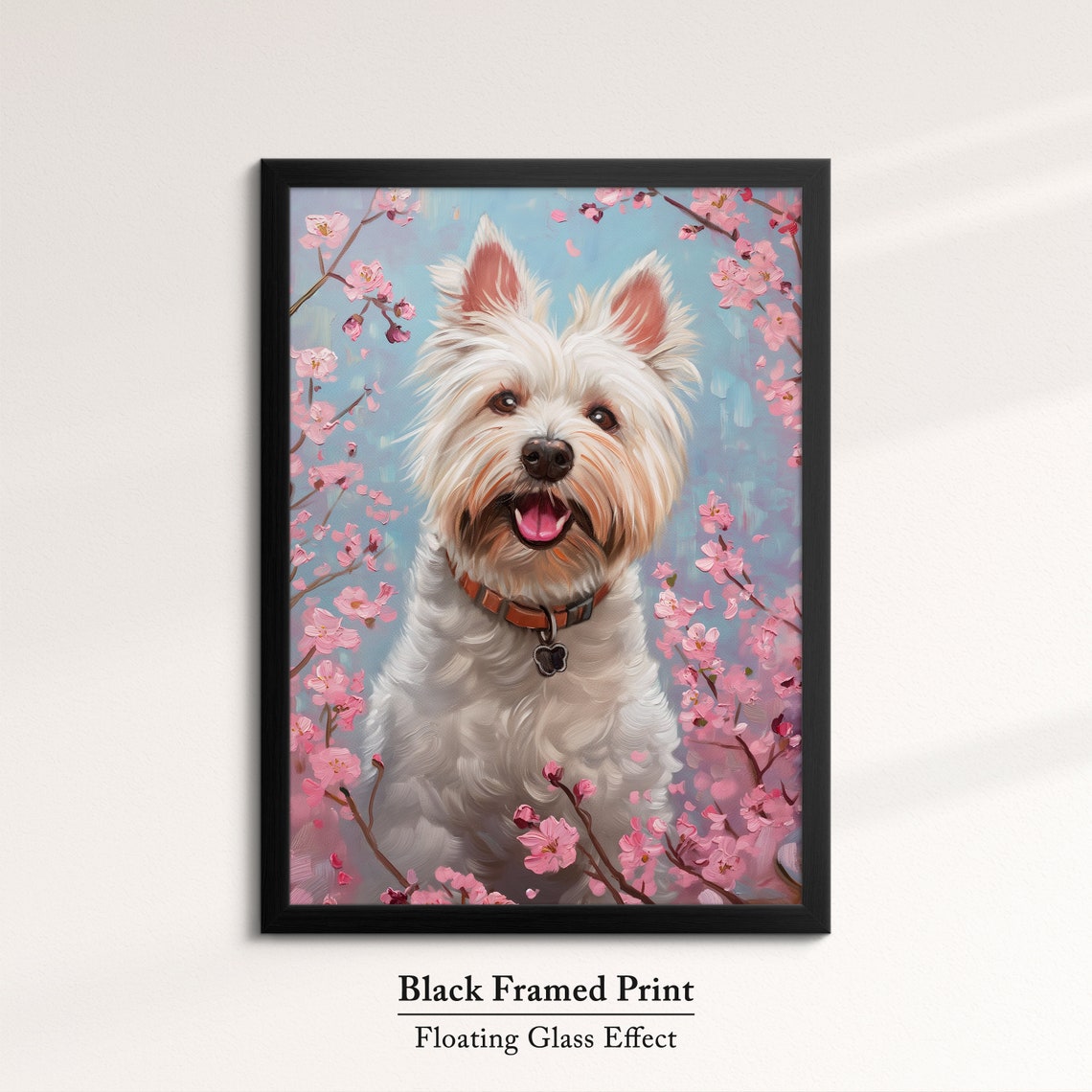 Happy Westie With Orange Collar In Pink Blossoms Blue Sky Poster - Image 8