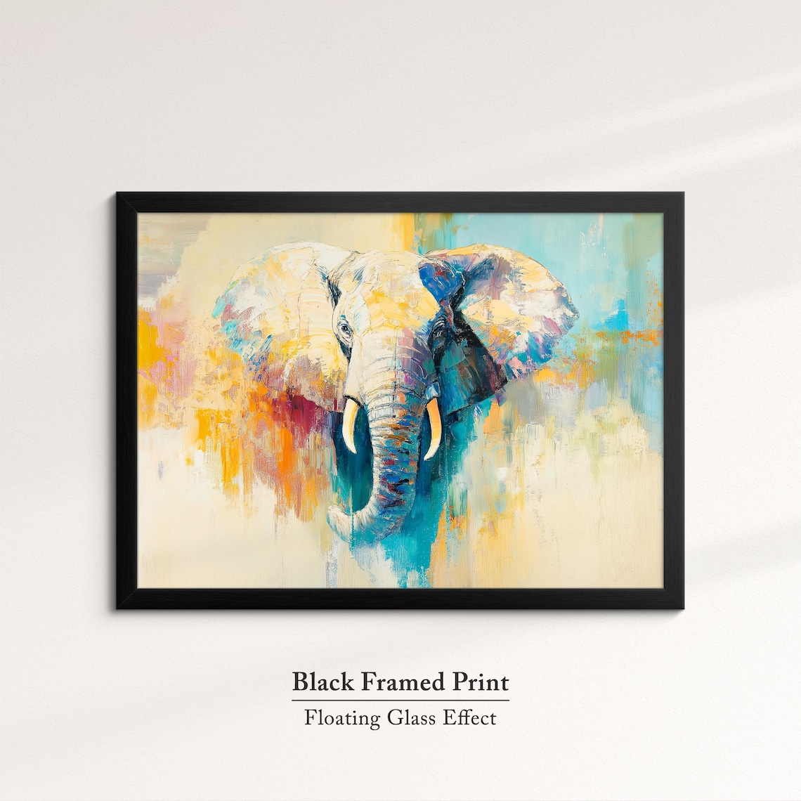 Elephant Head Abstract Oil Painting Pastel Yellow Blue Turquoise Print - Image 8