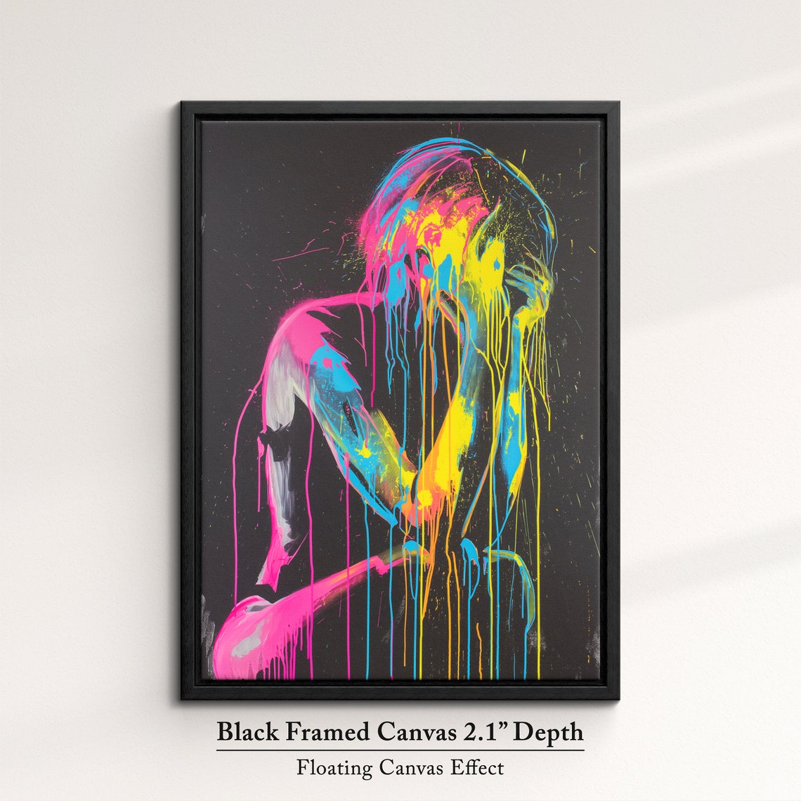 Seated Woman Silhouette In Neon Paint Drips Dark Abstract Art Poster - Image 2