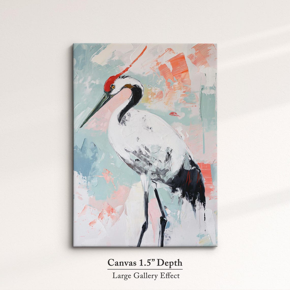 Red Crowned Crane Elegant Pastel Abstract Bird Painting Wall Art - Image 3