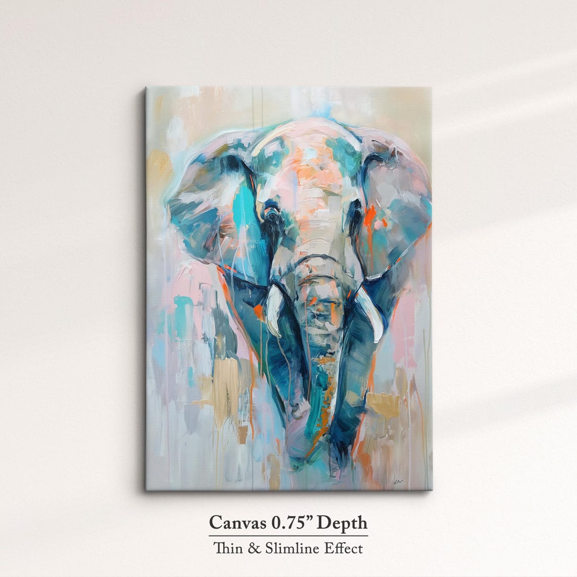 Elephant Front View Soft Teal Pink Paint Drip Abstract Wall Art - Image 4