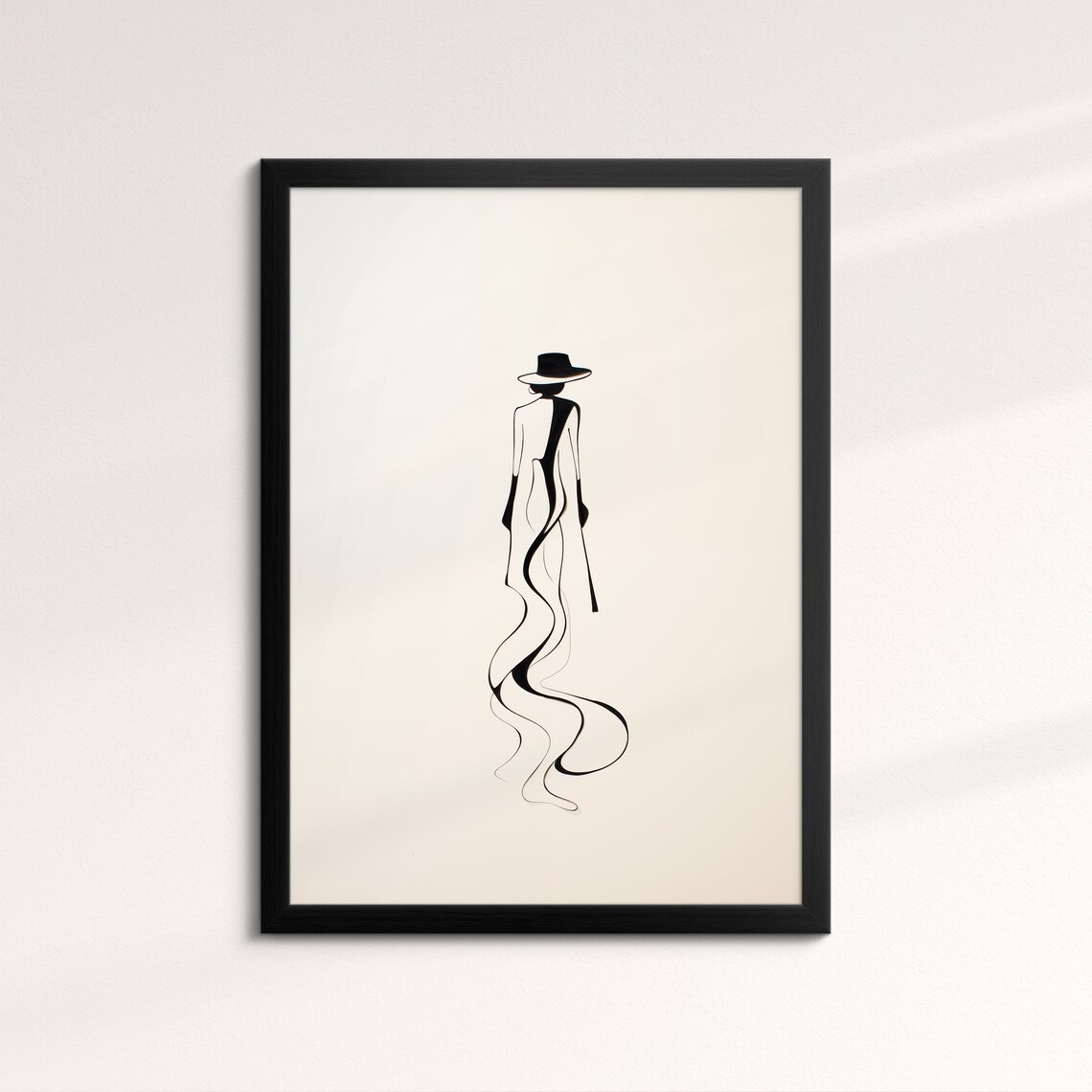 Woman In Wide Brim Hat Flowing Gown Minimalist Line Art Elegant Wall Art Print