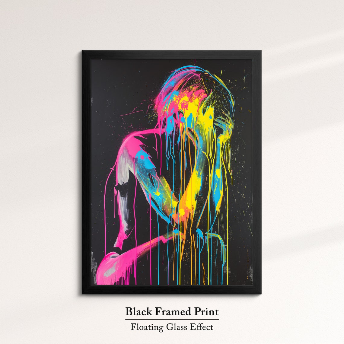 Seated Woman Silhouette In Neon Paint Drips Dark Abstract Art Poster - Image 8