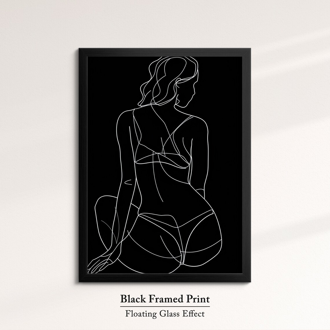 Seated Woman From Behind White Line On Black Dramatic Minimalist Wall Art Print - Image 8