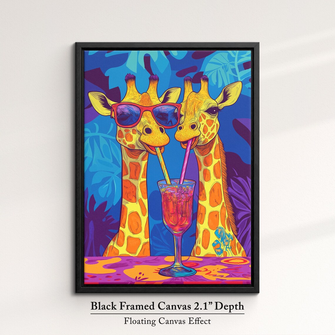 Two Giraffes Sharing Cocktail Sunglasses Fun Pop Art Safari Party Poster - Image 2