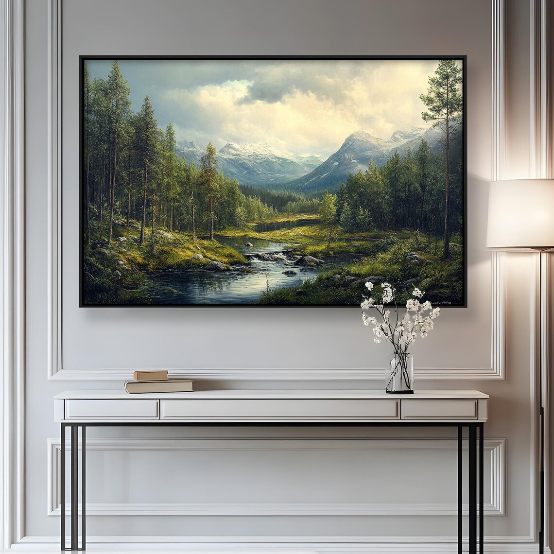 Mountain Forest, Serene River Landscape Art Print
