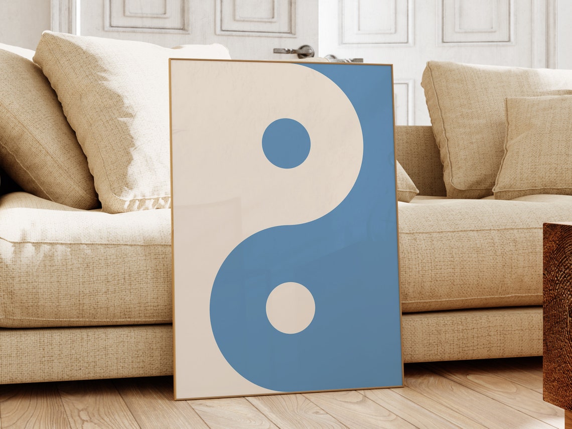 Blue and Cream Yin Yang Minimal Abstract Zen Meditation Poster - Image 3