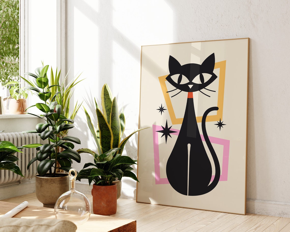 Mid Century Black Cat Retro Atomic Pink Yellow Geometric Poster - Image 3