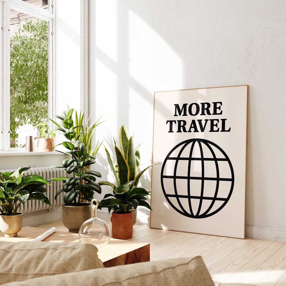 More Travel Black Globe Icon Minimalist Wanderlust Quote Poster