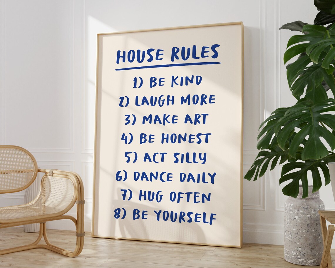House Rules Blue Hand Lettered Family List Inspirational Poster