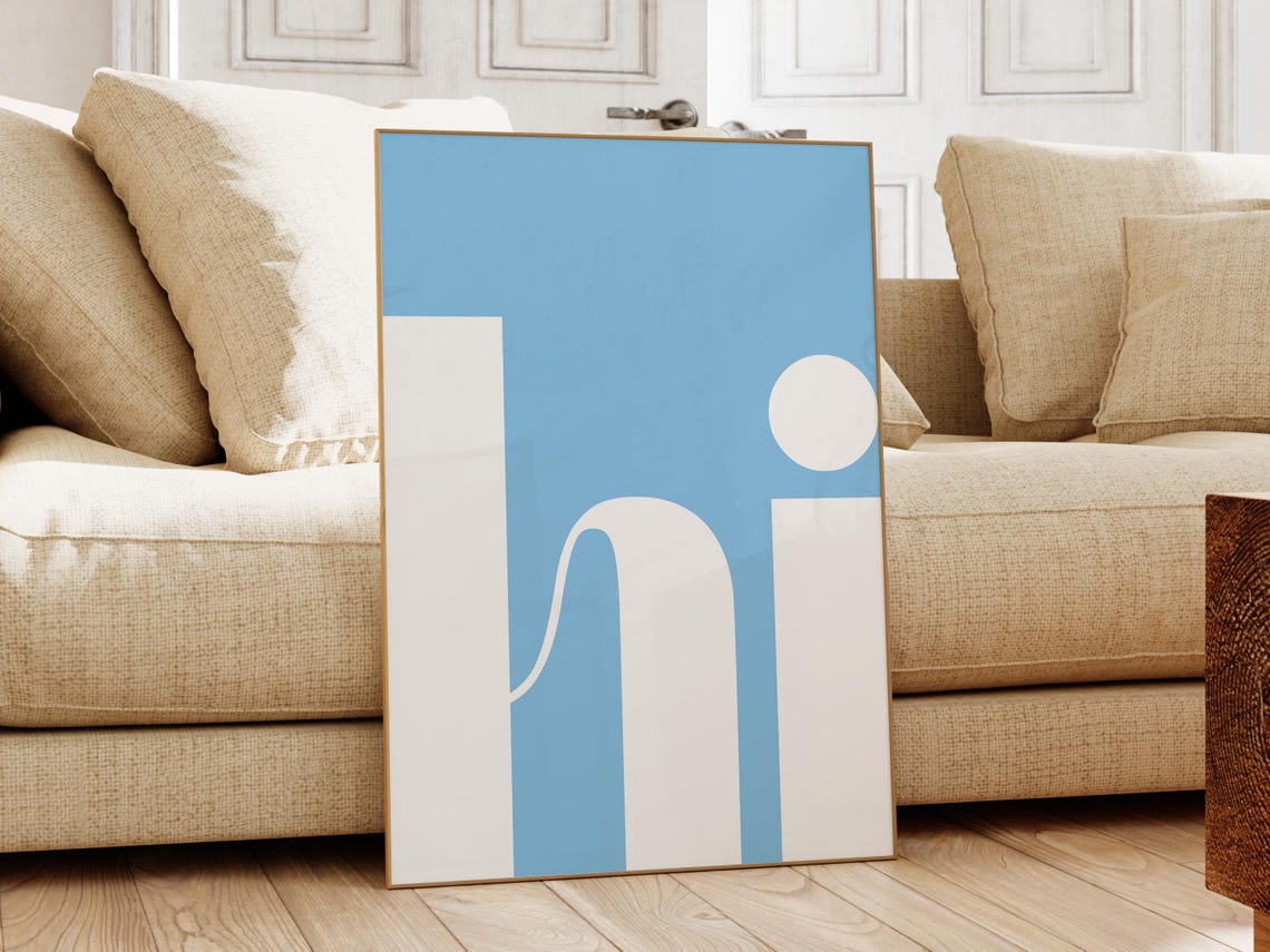 Hi Blue White Abstract Minimalist Typographic Letter Art Poster - Image 2