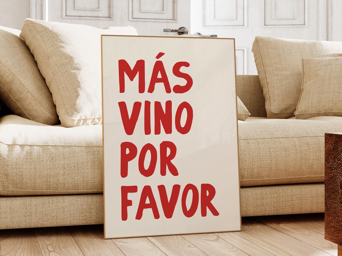 Más Vino Por Favor Red Hand Lettered Spanish Wine Quote Poster