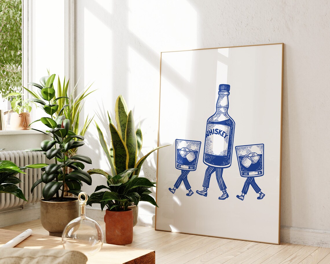 Walking Whiskey Bottle and Glasses Blue Ink Bar Cart Art Poster - Image 2
