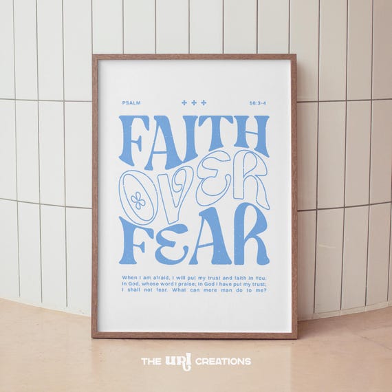 Modern Christian Wall Art Blue Faith Over Fear Wall Art Bible Verse Print Aesthetic Dorm Room Decor Preppy Blue Affirmation Poster Print