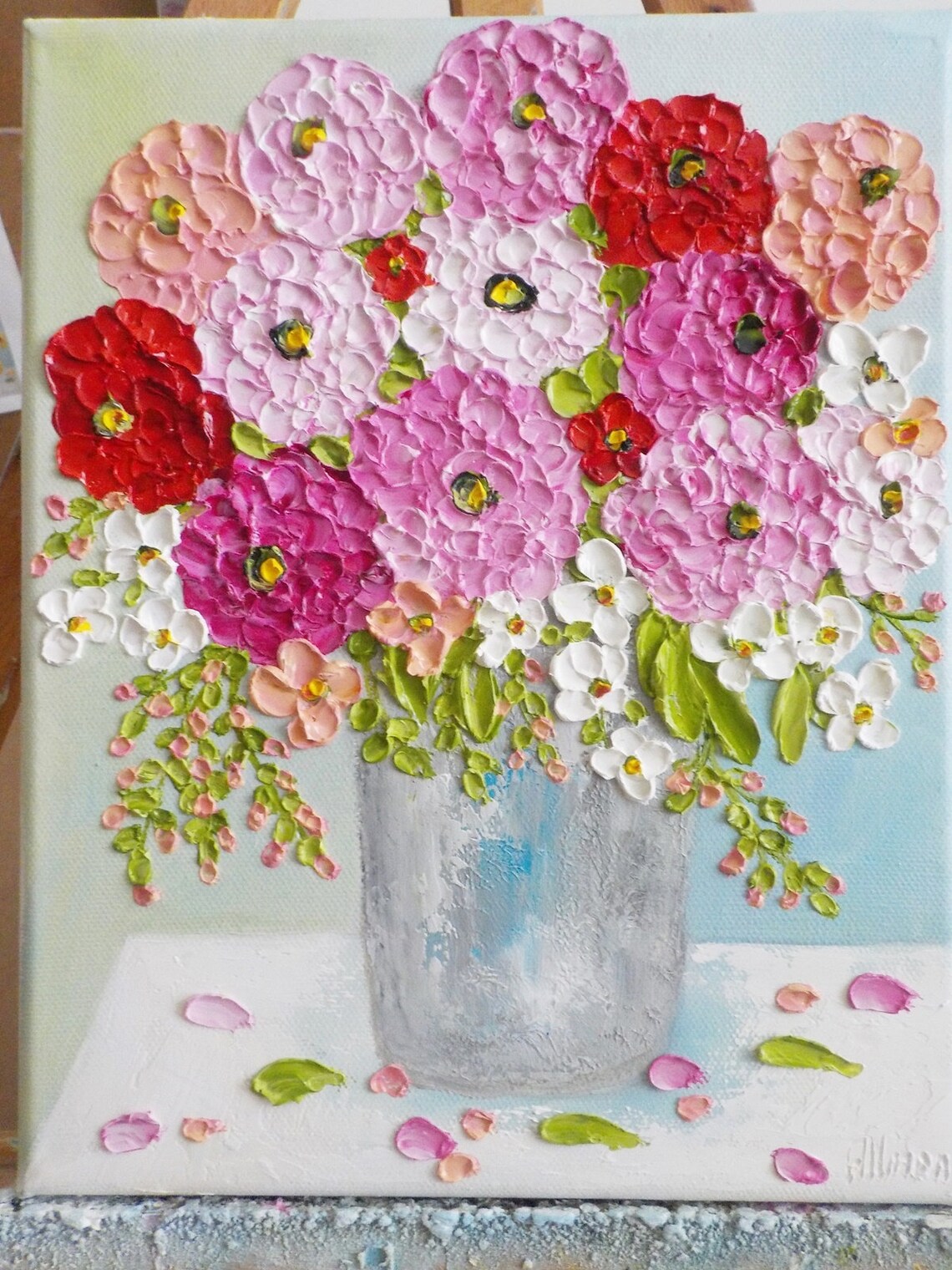 Pink Red and Apricot Zinnia Bouquet Impasto Floral Art Poster - Image 3