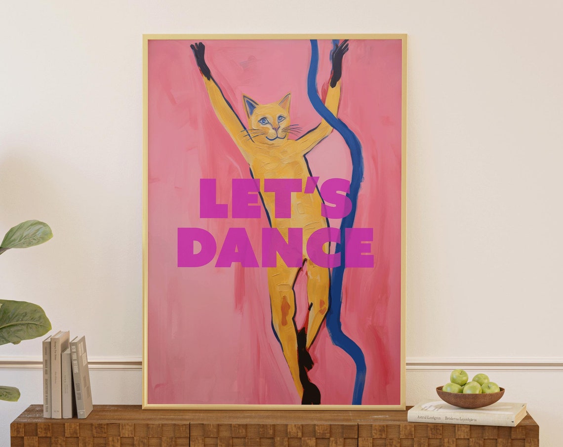 Lets Dance Dancing Cat Poster with Bold Pink Magenta Expressive Art