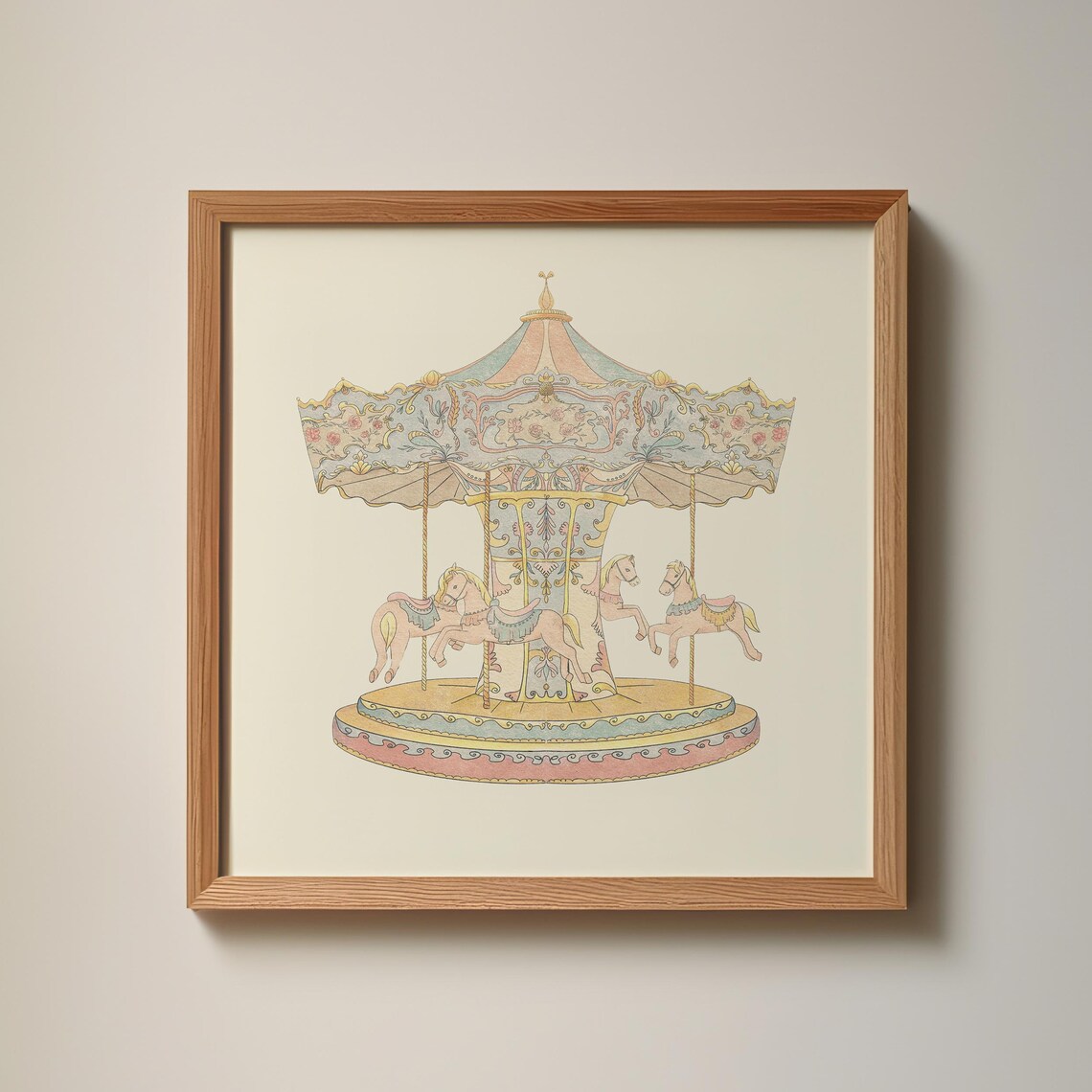 Vintage Carousel Art Print, Cottage Nursery Decor