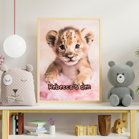 Personalized Baby Lion Cub in Pink Tutu Custom Name Nursery Art Poster
