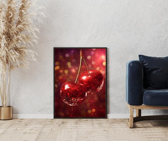 Red Disco Ball Cherries Retro Sparkling Pop Art Kitchen Poster