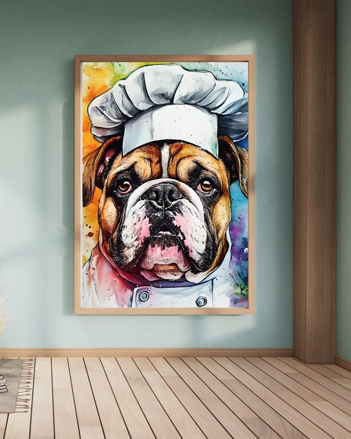 Bulldog Chef Funny Kitchen Dog Colorful Watercolor Art Poster