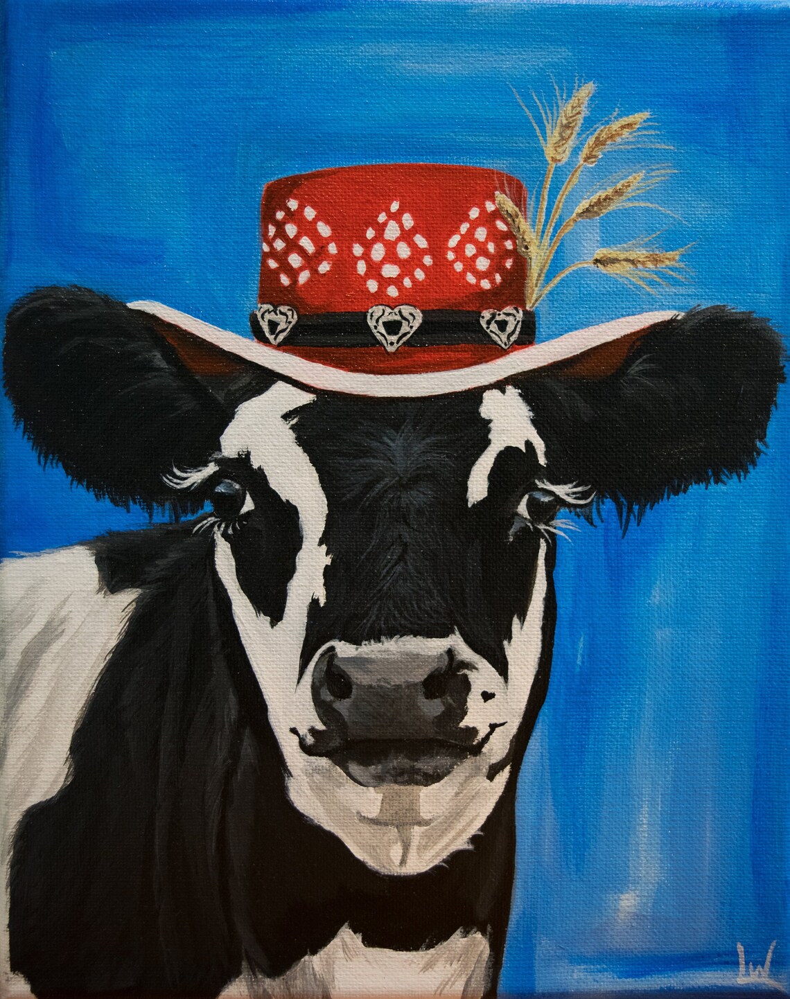Black and White Cowgirl Cow in a Red Cowboy Hat on Blue Poster