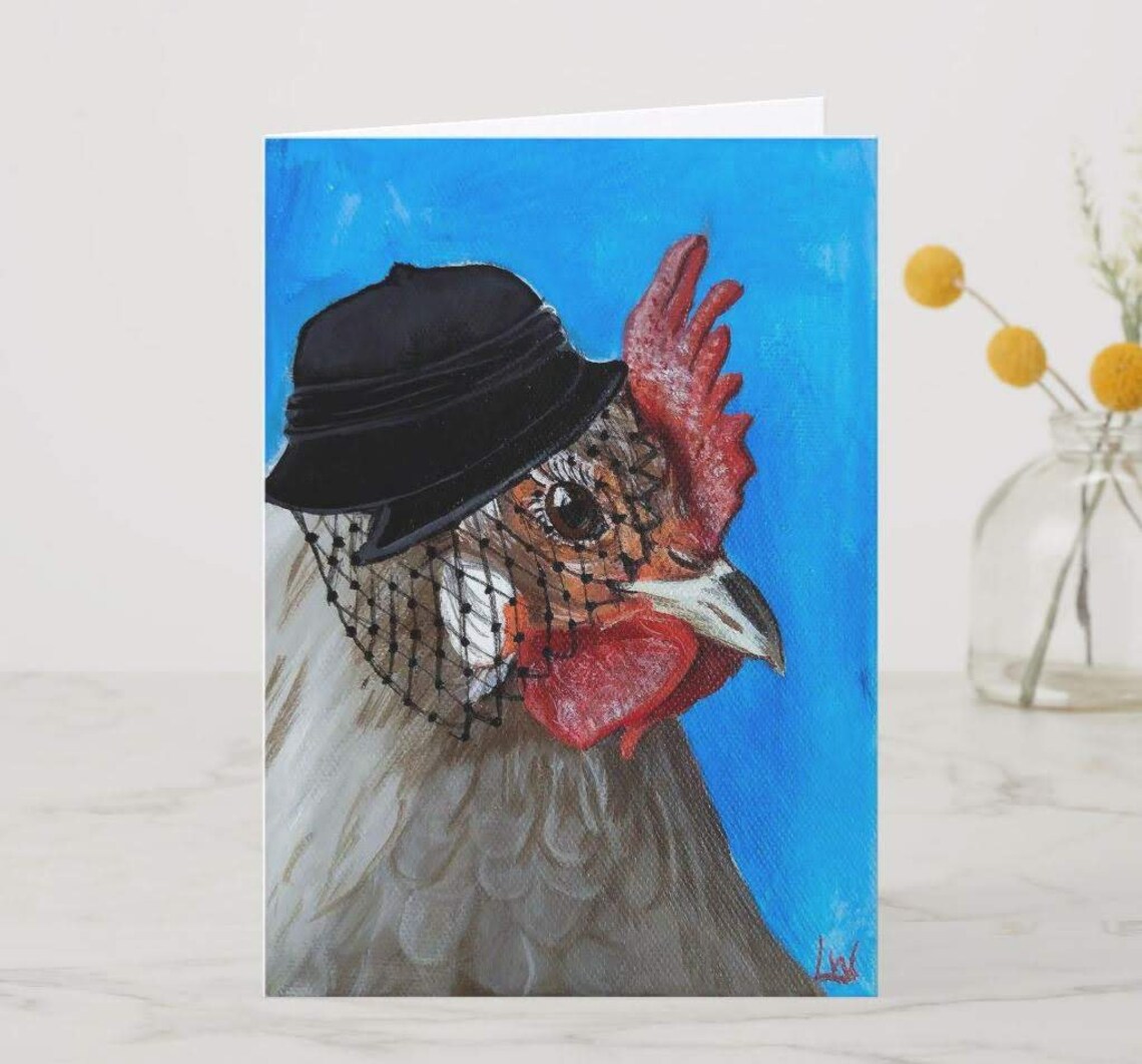 Stylish Hen in Black Hat Greeting Card on Marble Styled Art Poster