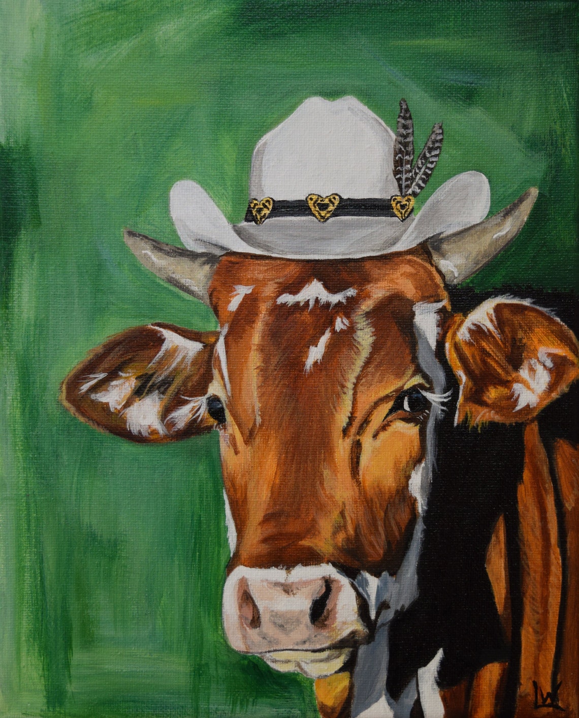 Friendly Brown Cow Wearing a White Cowboy Hat on Green Poster
