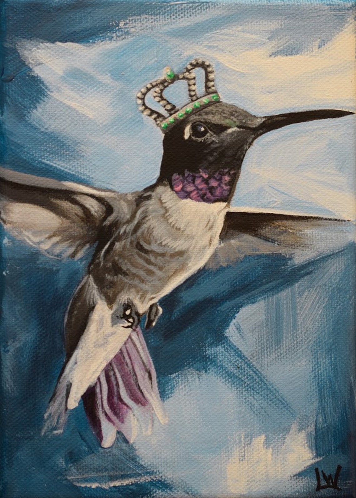 Flying Hummingbird Wearing a Jeweled Crown Against Blue Sky Poster