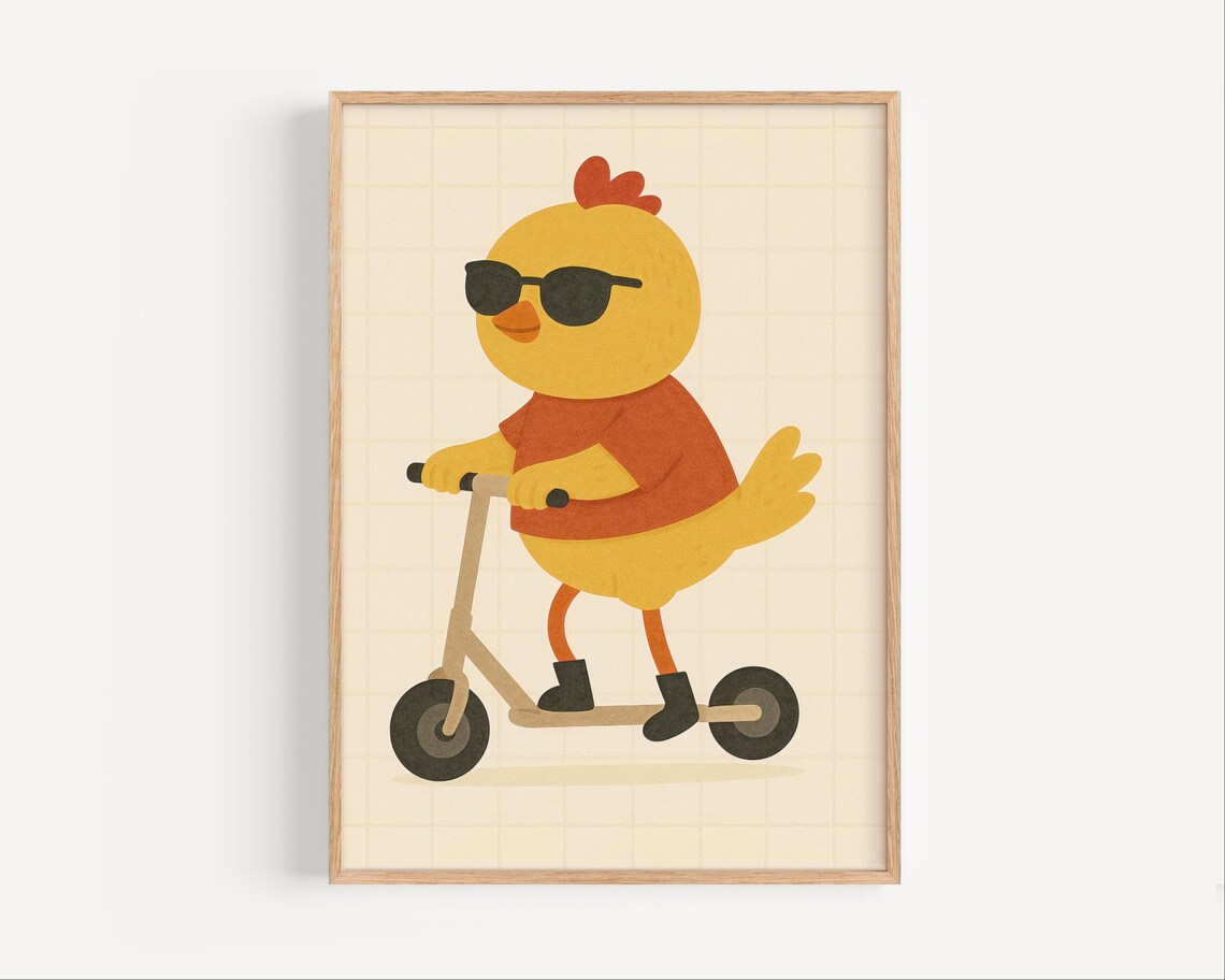 Cool Yellow Chick in Sunglasses Riding a Kick Scooter Kids Poster