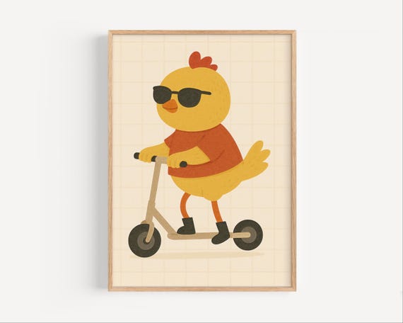 Chick On Scooter Nursery Wall Art Cute Baby Animal Print Scandinavian Kids Room Decor Gender Neutral Poster Toddler Playroom