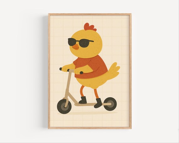 Cool Yellow Chick in Sunglasses Riding a Kick Scooter Kids Poster