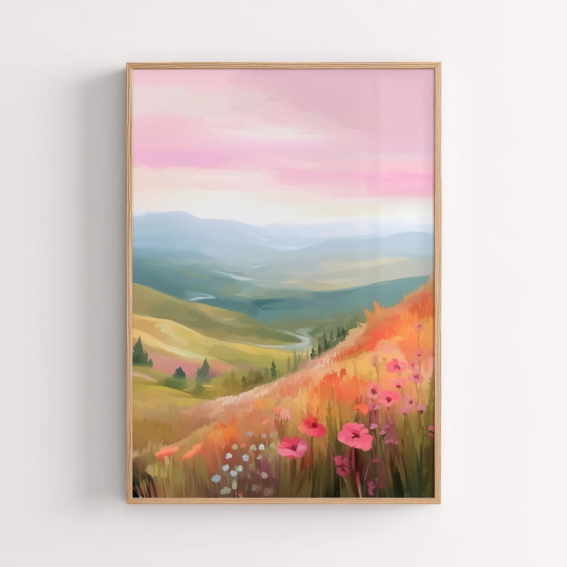Pink Wildflower Meadow With Rolling Hills at Sunset Landscape Art Print