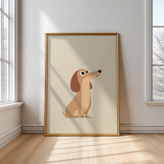 Tan Dachshund Puppy Cartoon Cute Dog Nursery Room Art Poster